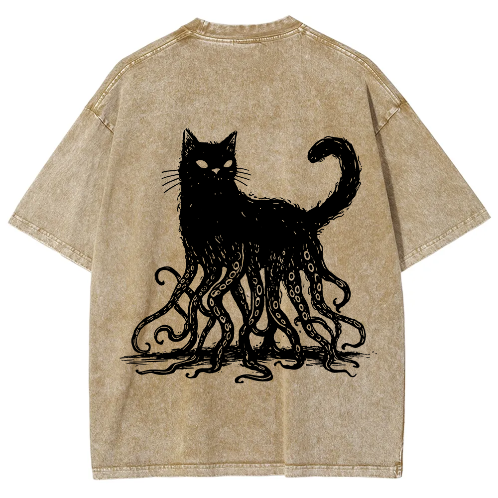 Unisex Vintage Washed Octopus And Black Cat Print T-Shirt