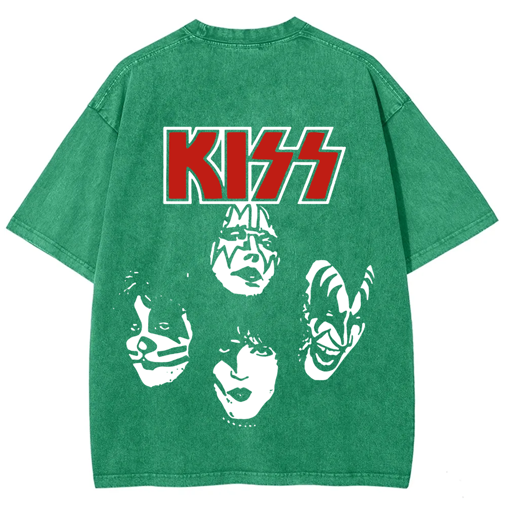 Unisex washed Kiss Rock Heavy Metal Band T-shirt