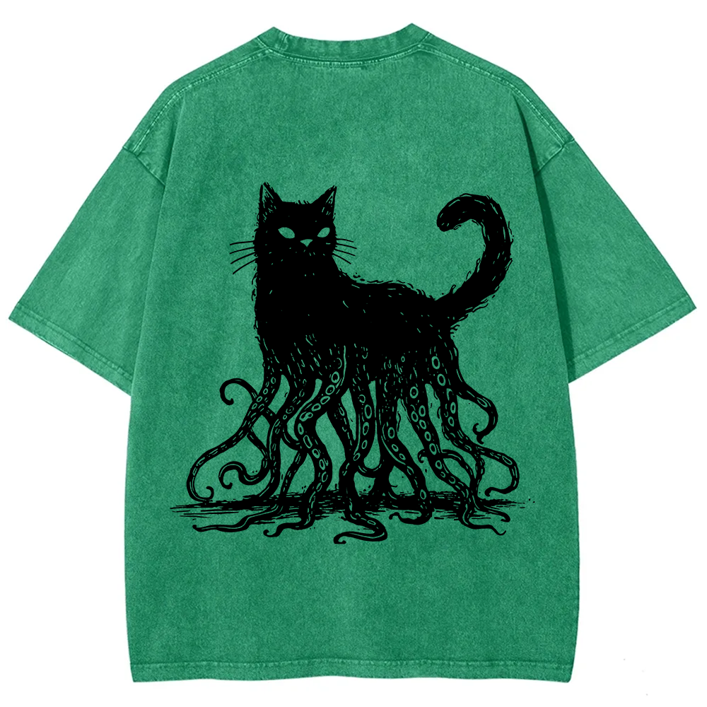 Unisex Vintage Washed Octopus And Black Cat Print T-Shirt