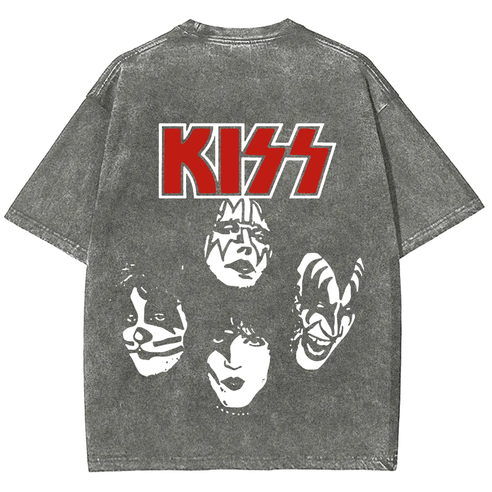 Unisex washed Kiss Rock Heavy Metal Band T-shirt