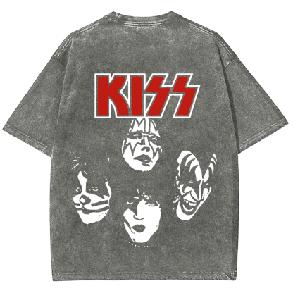 Unisex washed Kiss Rock Heavy Metal Band T-shirt