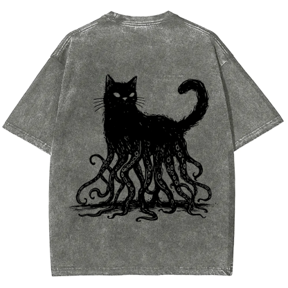 Unisex Vintage Washed Octopus And Black Cat Print T-Shirt