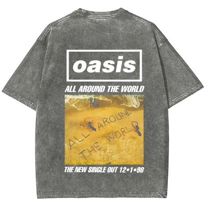 Unisex Vintage Washed Oasis Band All Around the World  t-Shirt
