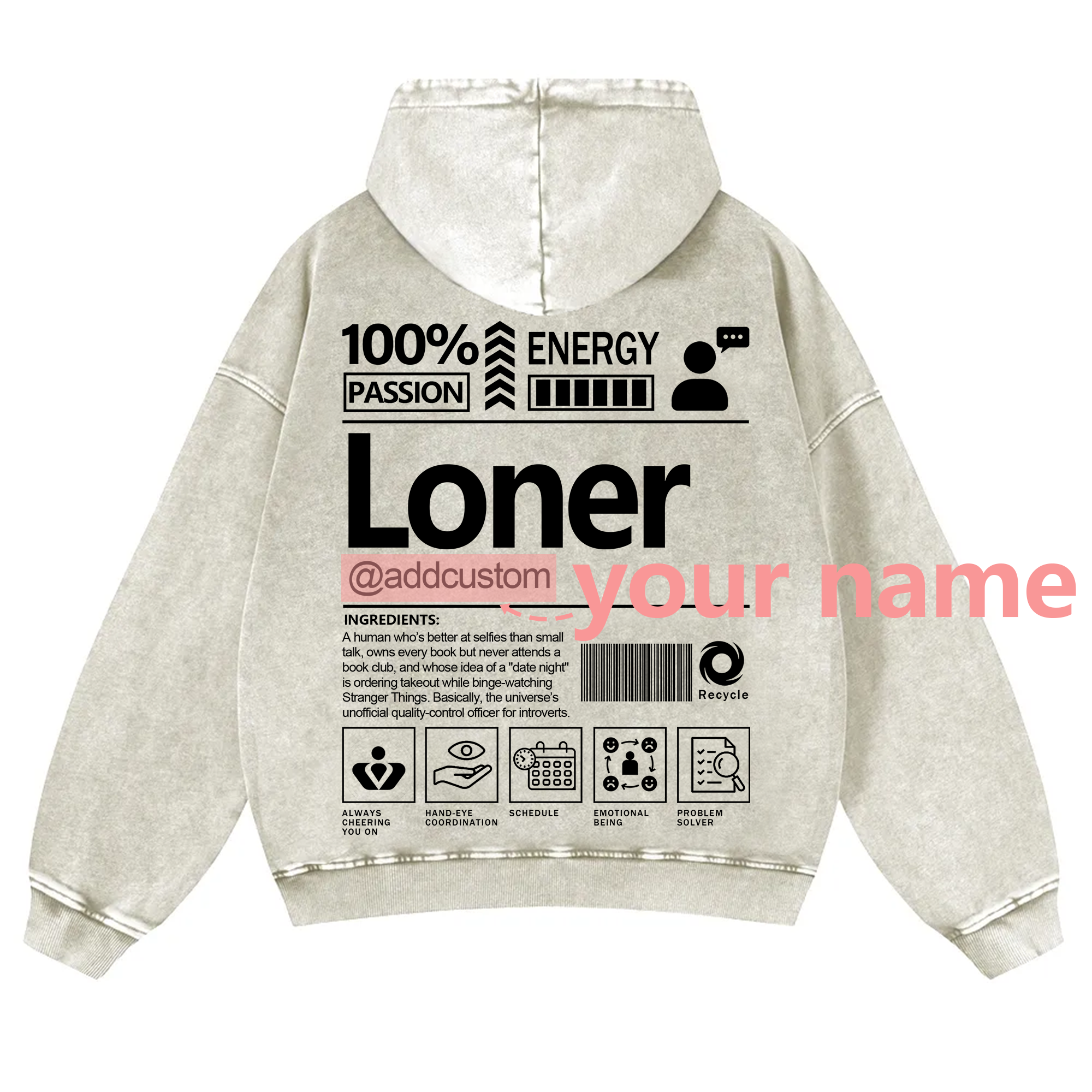 Loner Addcustom Unisex Fit Vintage Washed Hoodie