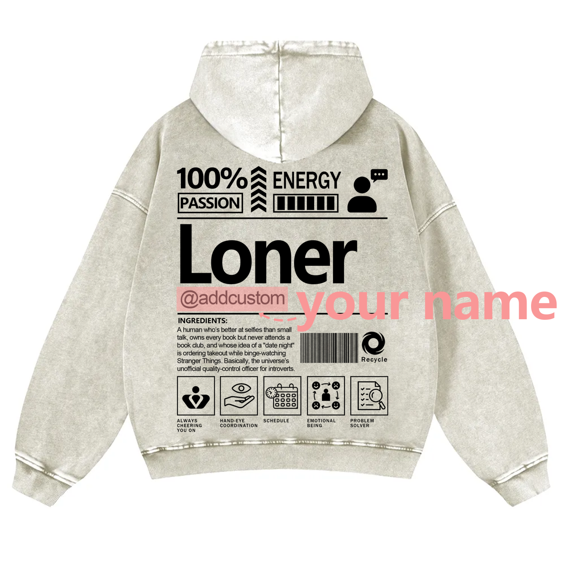 Loner Addcustom Unisex Fit Vintage Washed Hoodie