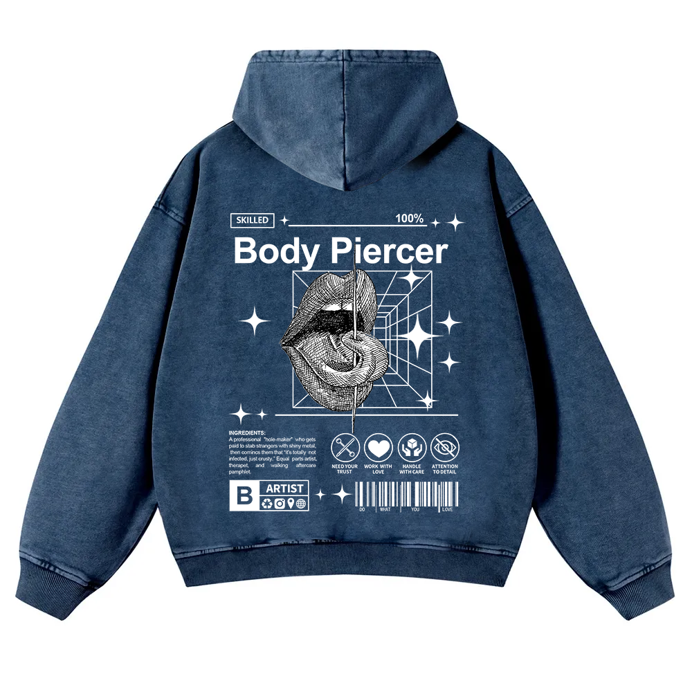 Body Piercer Casual Washed Hoodie wearishow