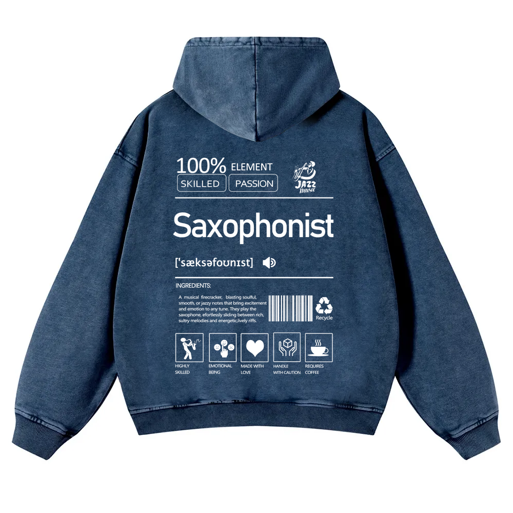 Saxophonist Unisex Casual Washed Hoodie wearishow