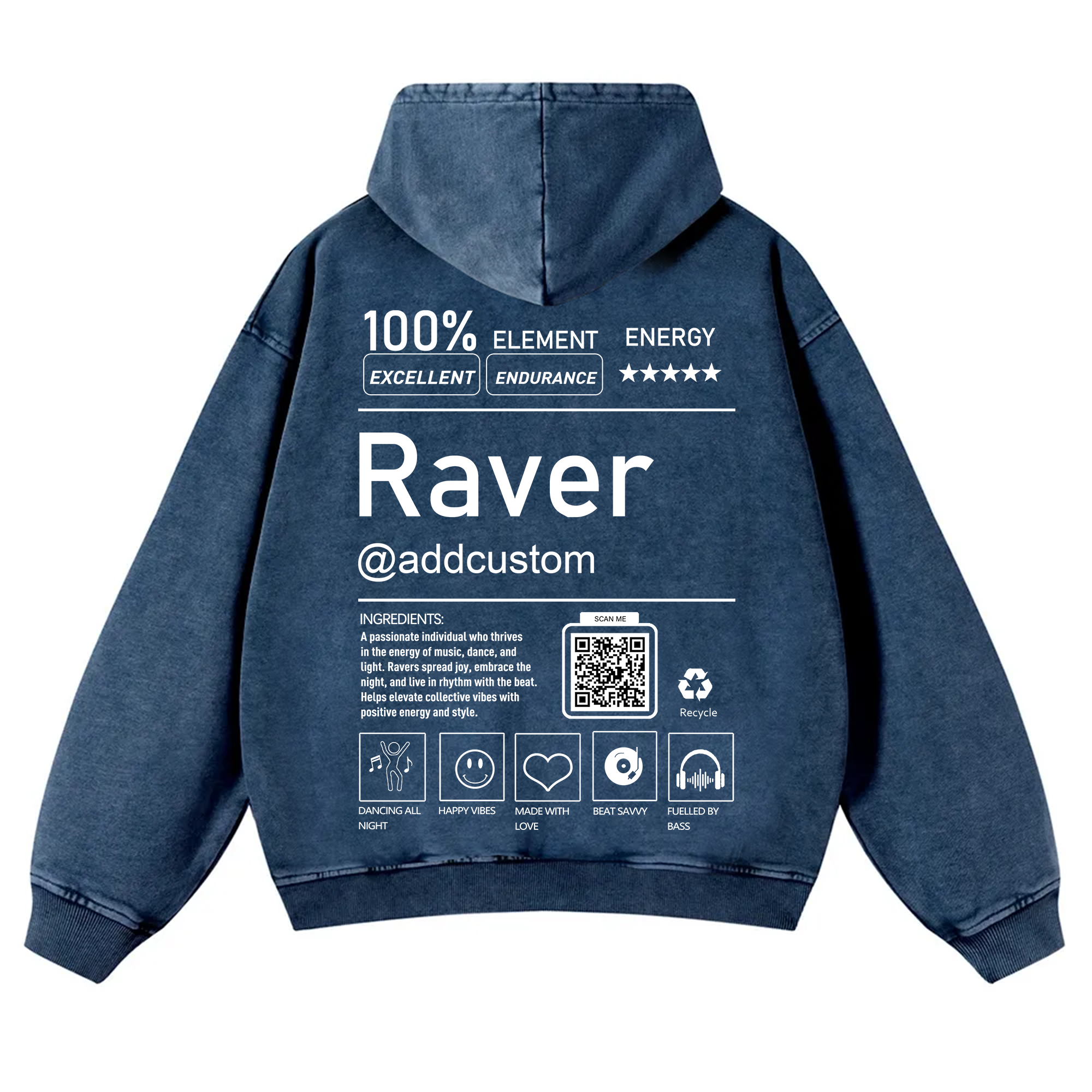 Addcustom QR Code Raver Casual Washed Hoodie wearishow