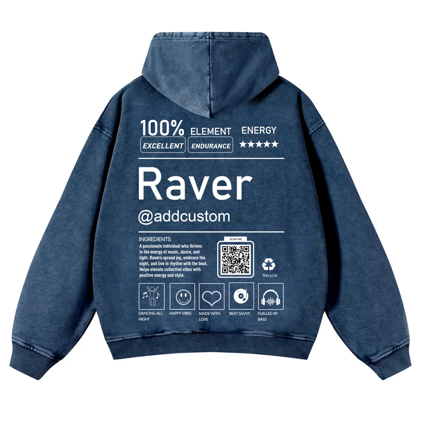 Addcustom QR Code Raver Casual Washed Hoodie wearishow