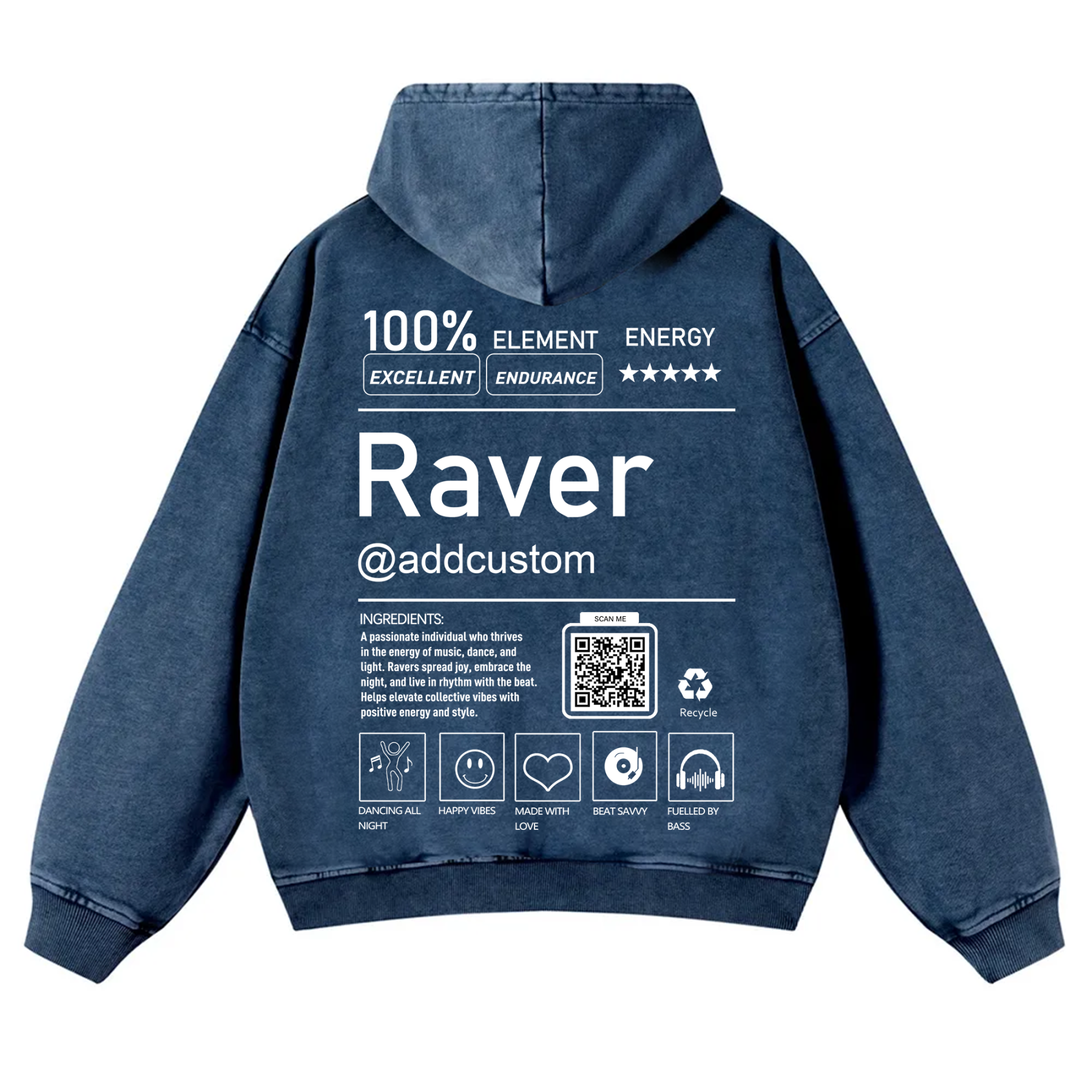 Addcustom QR Code Raver Casual Washed Hoodie wearishow
