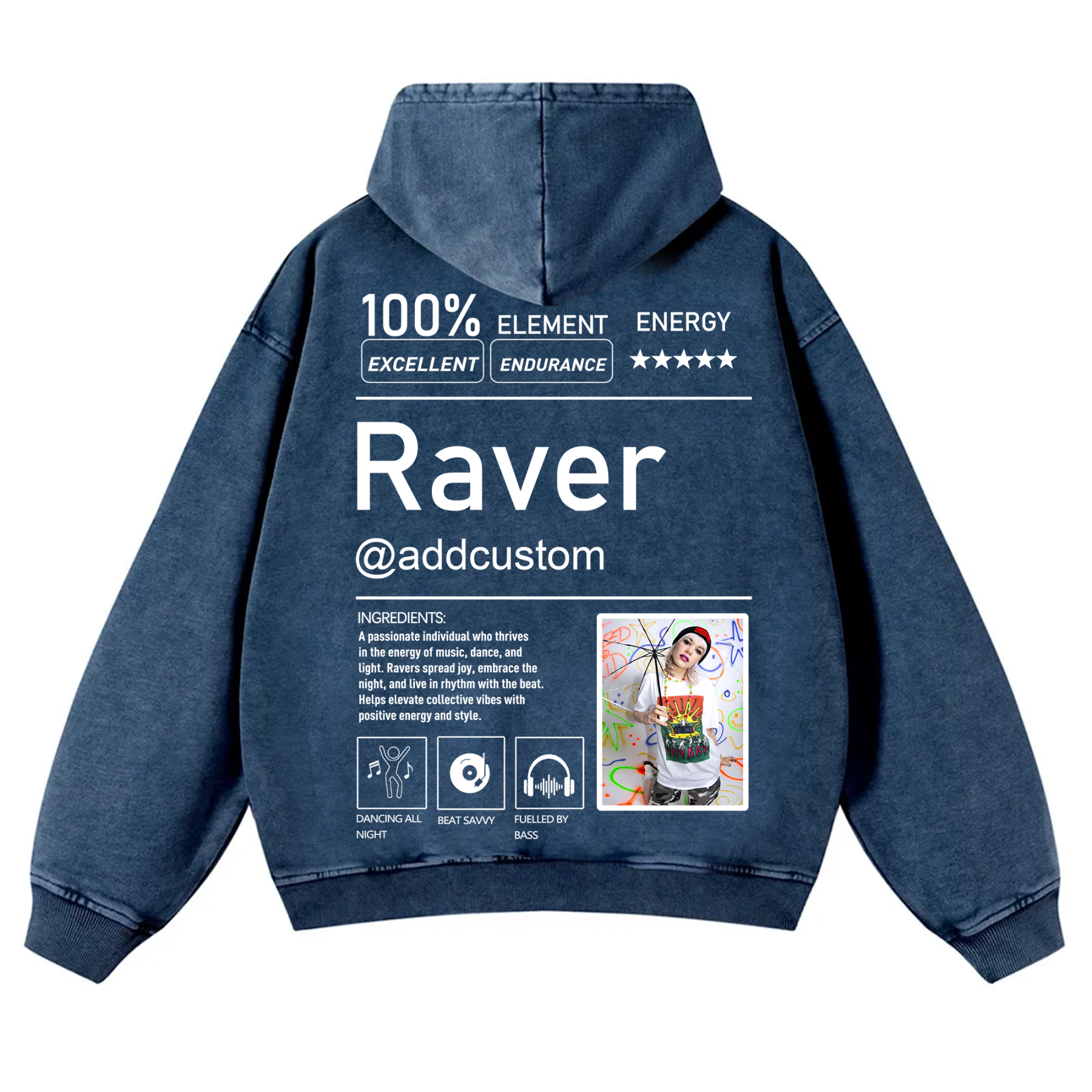 Addcustom  Photo Raver Casual Washed Hoodie wearishow