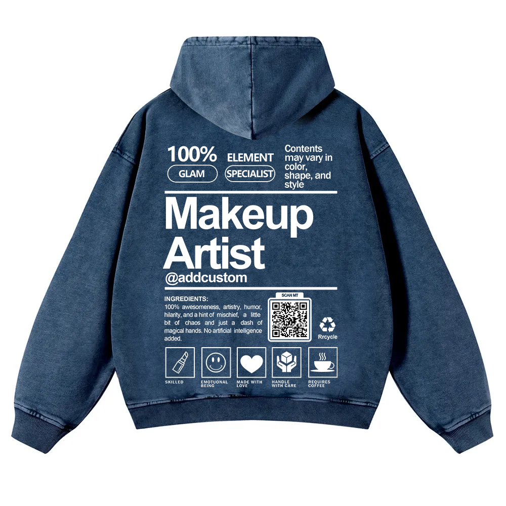 Wearishow Makeup Artist Addcustom QR Code Casual Washed Hoodie