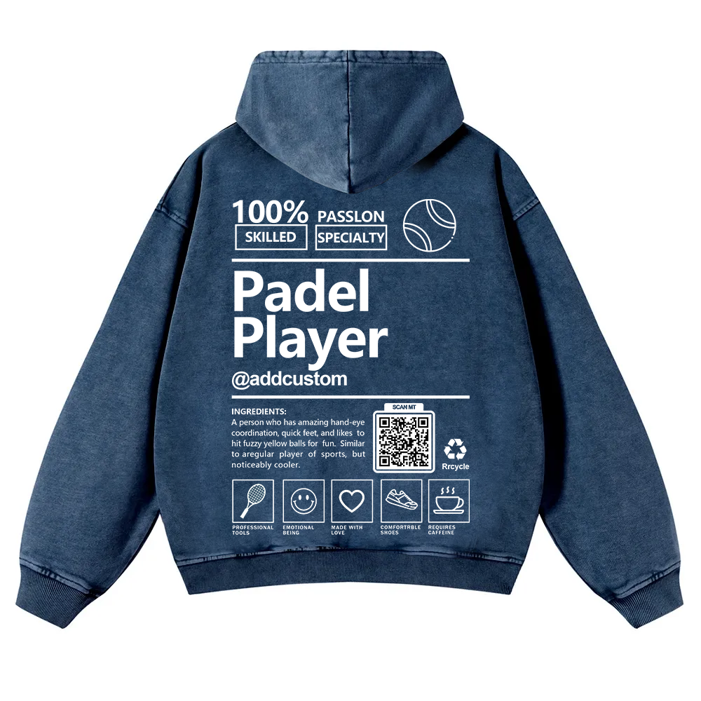 Padel player Addcustom QR Code Casual Washed Hoodie wearishow