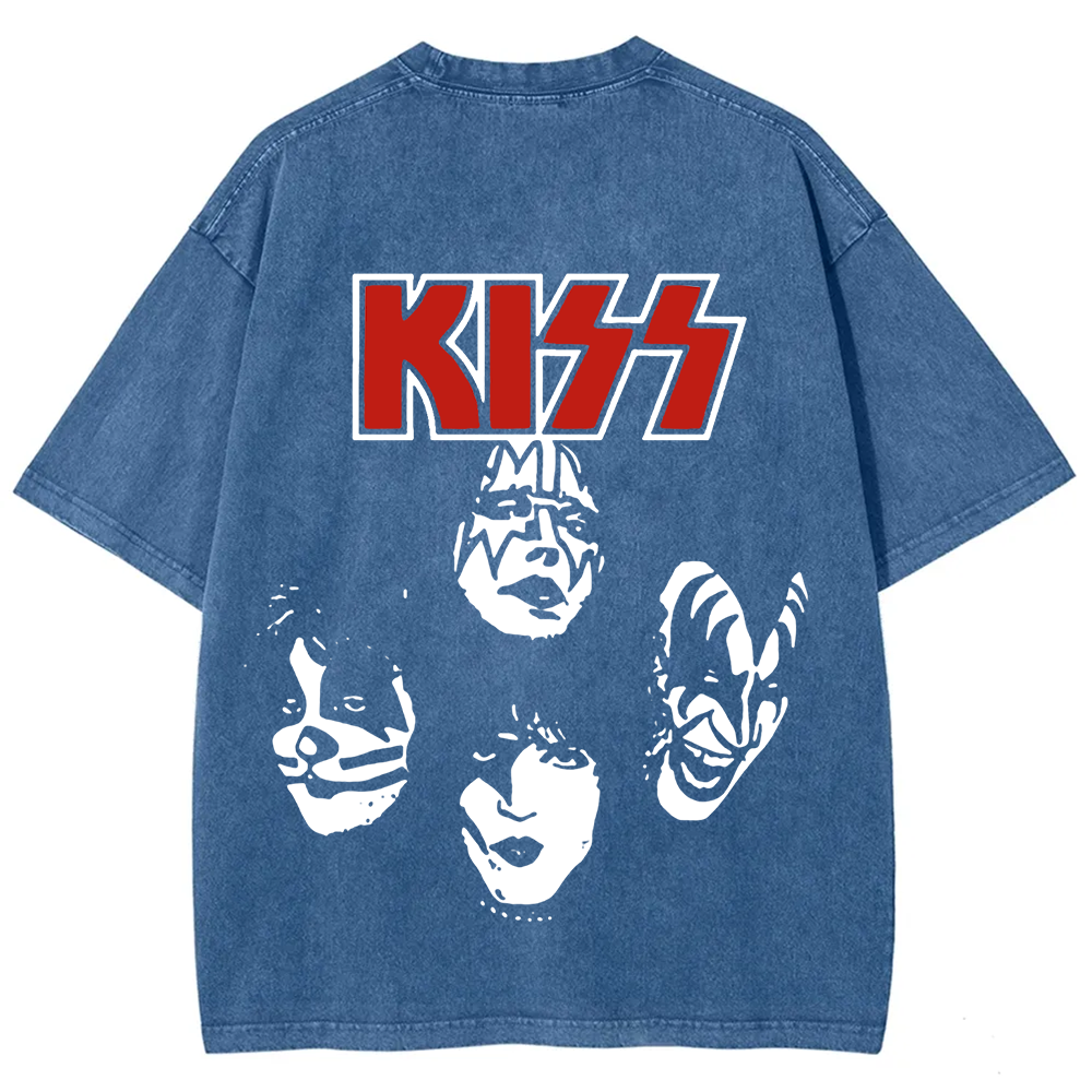 Unisex washed Kiss Rock Heavy Metal Band T-shirt