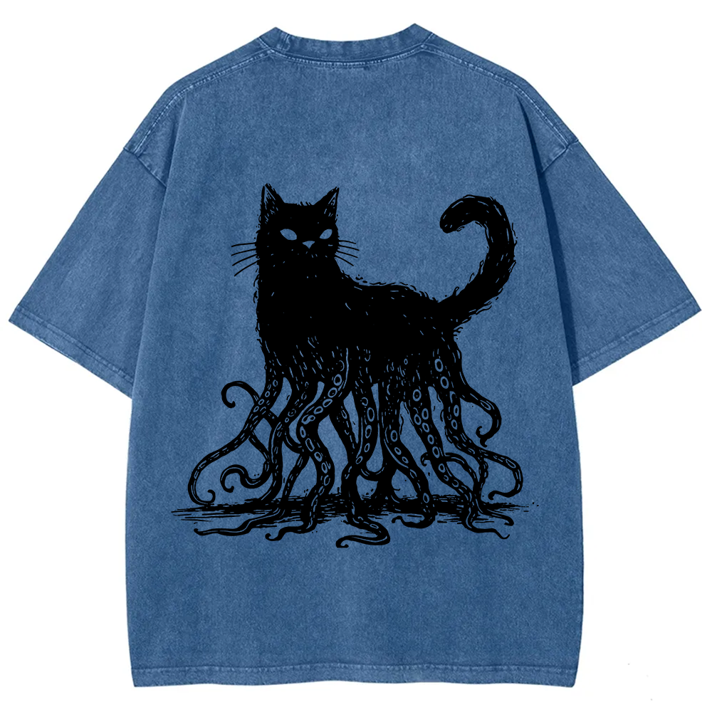 Unisex Vintage Washed Octopus And Black Cat Print T-Shirt