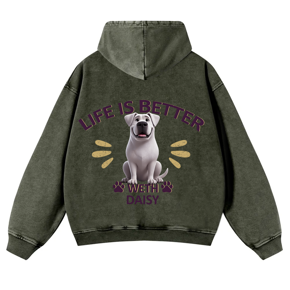 Better Life With My Dog - Personalized Custom Unisex Washed Hoodie wearishow