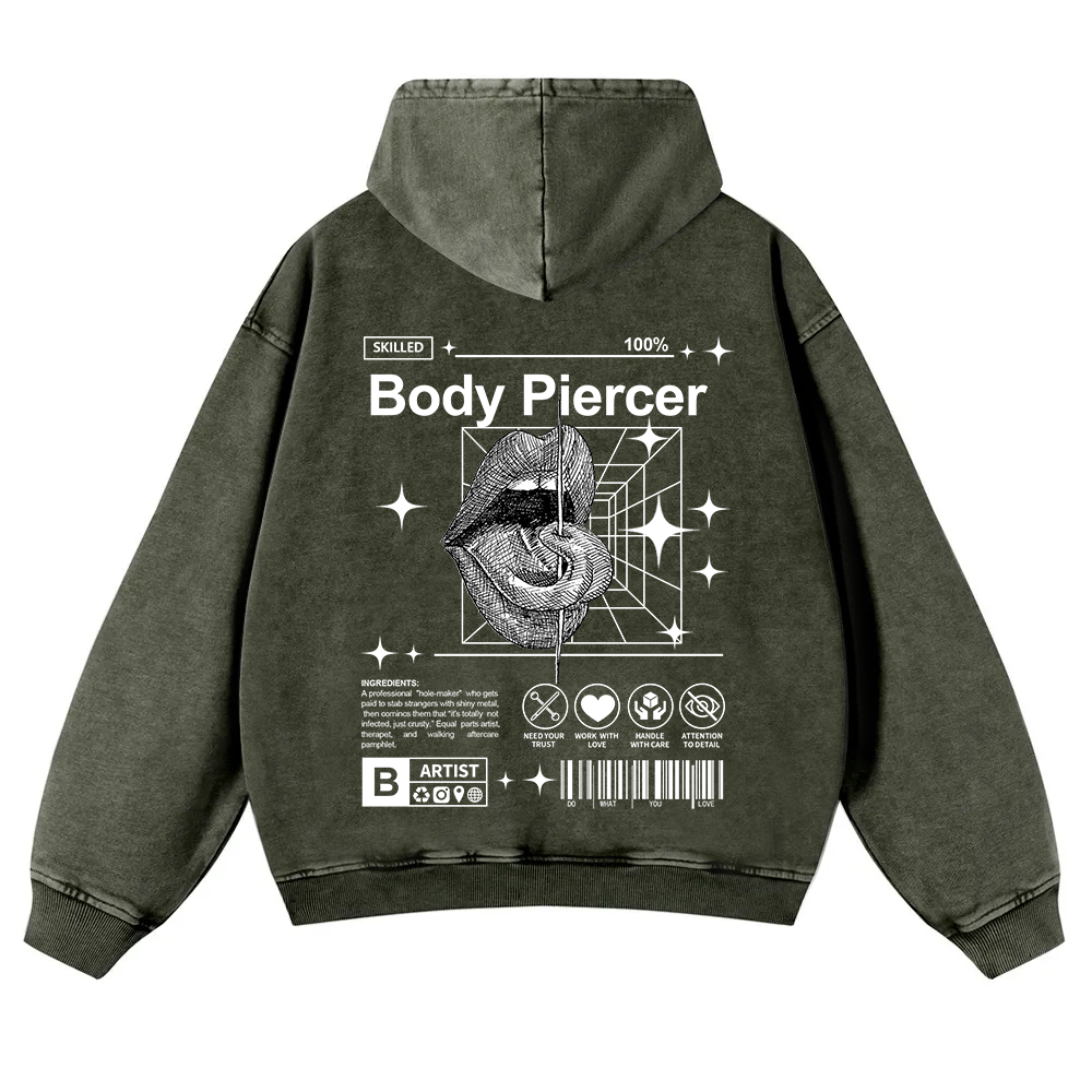 Body Piercer Casual Washed Hoodie wearishow