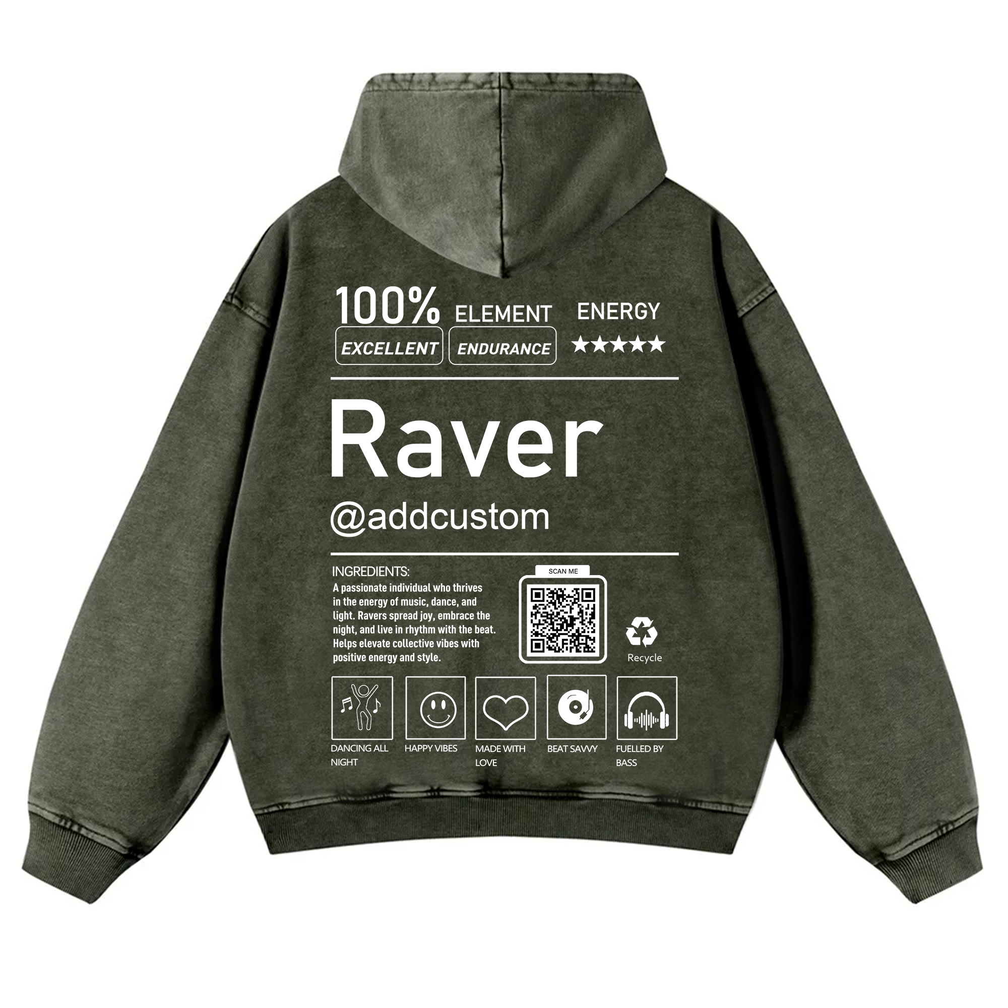 Addcustom QR Code Raver Casual Washed Hoodie wearishow