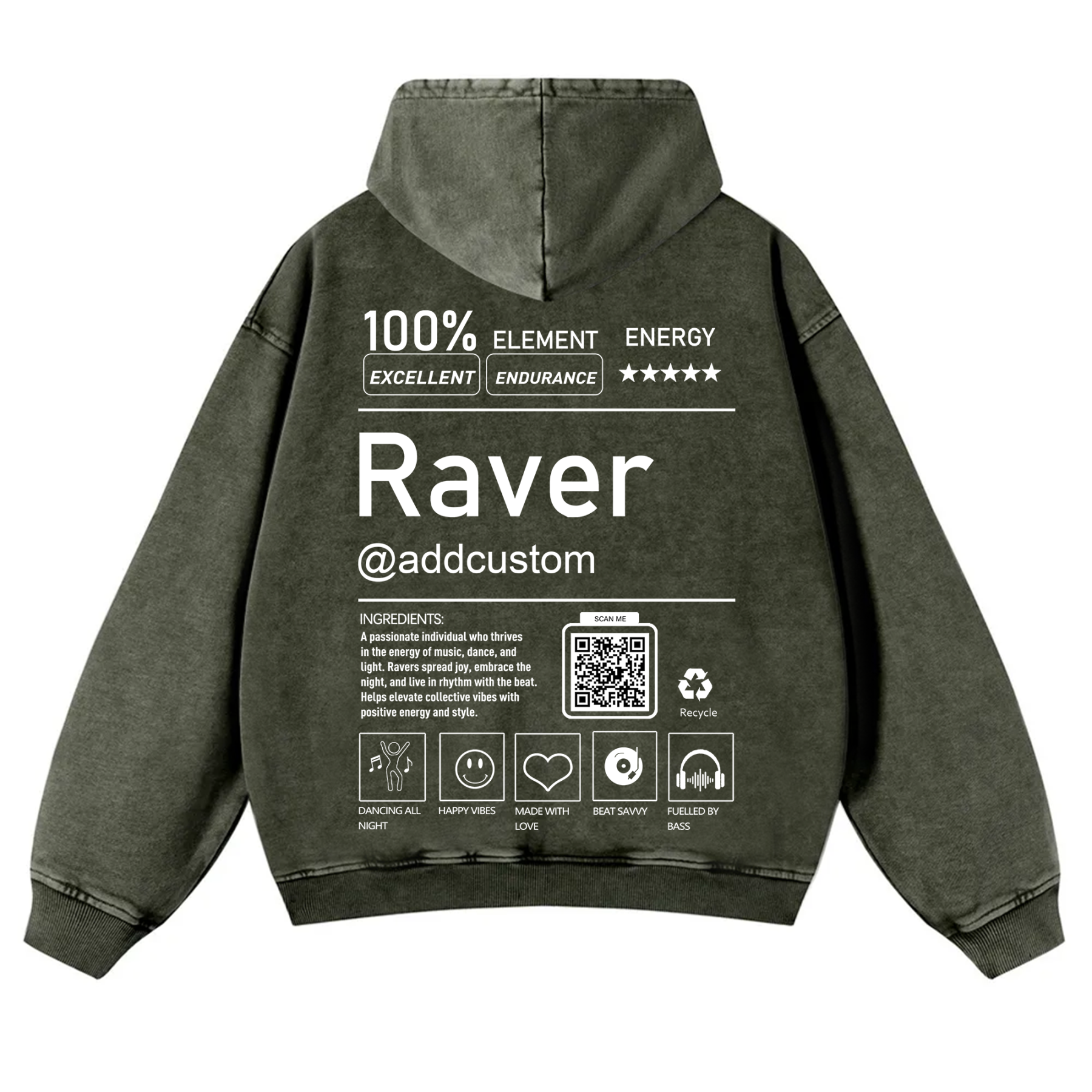 Addcustom QR Code Raver Casual Washed Hoodie wearishow