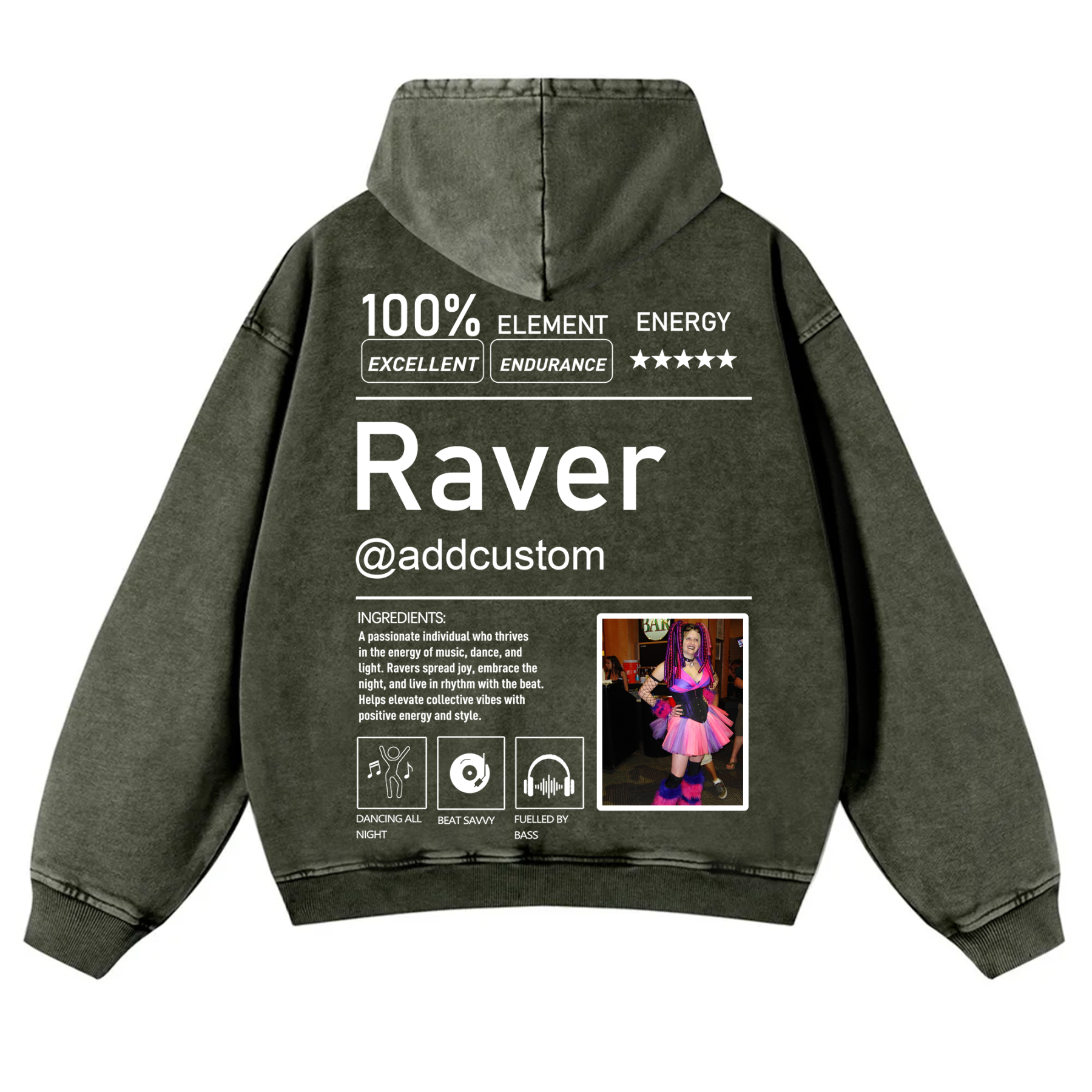 Addcustom  Photo Raver Casual Washed Hoodie wearishow