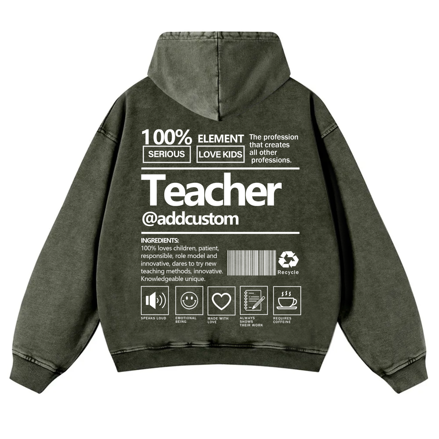 Teacher Addcustom Casual Washed Hoodie wearishow