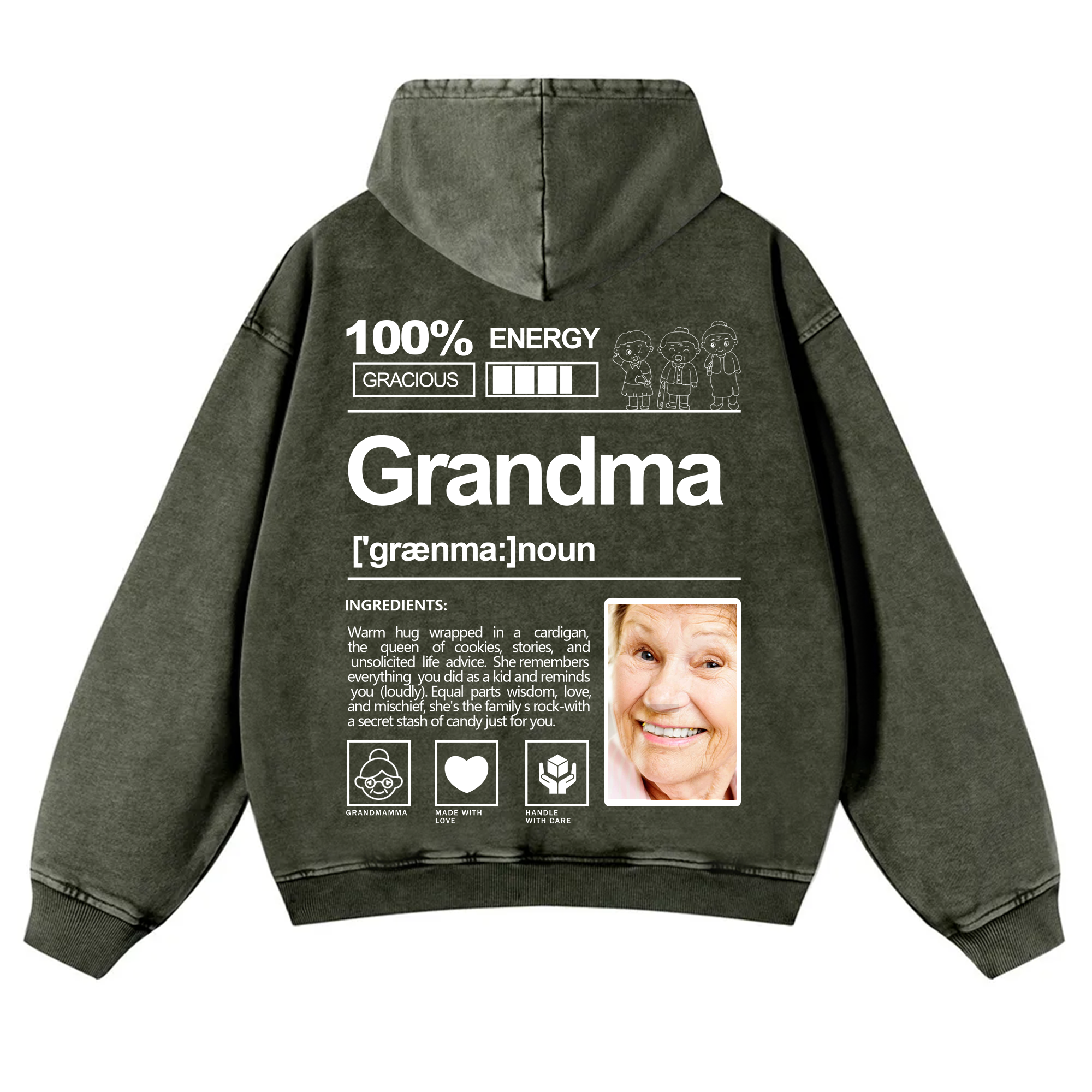 Addcustom Photo Grandma Vintage Washed Hoodie