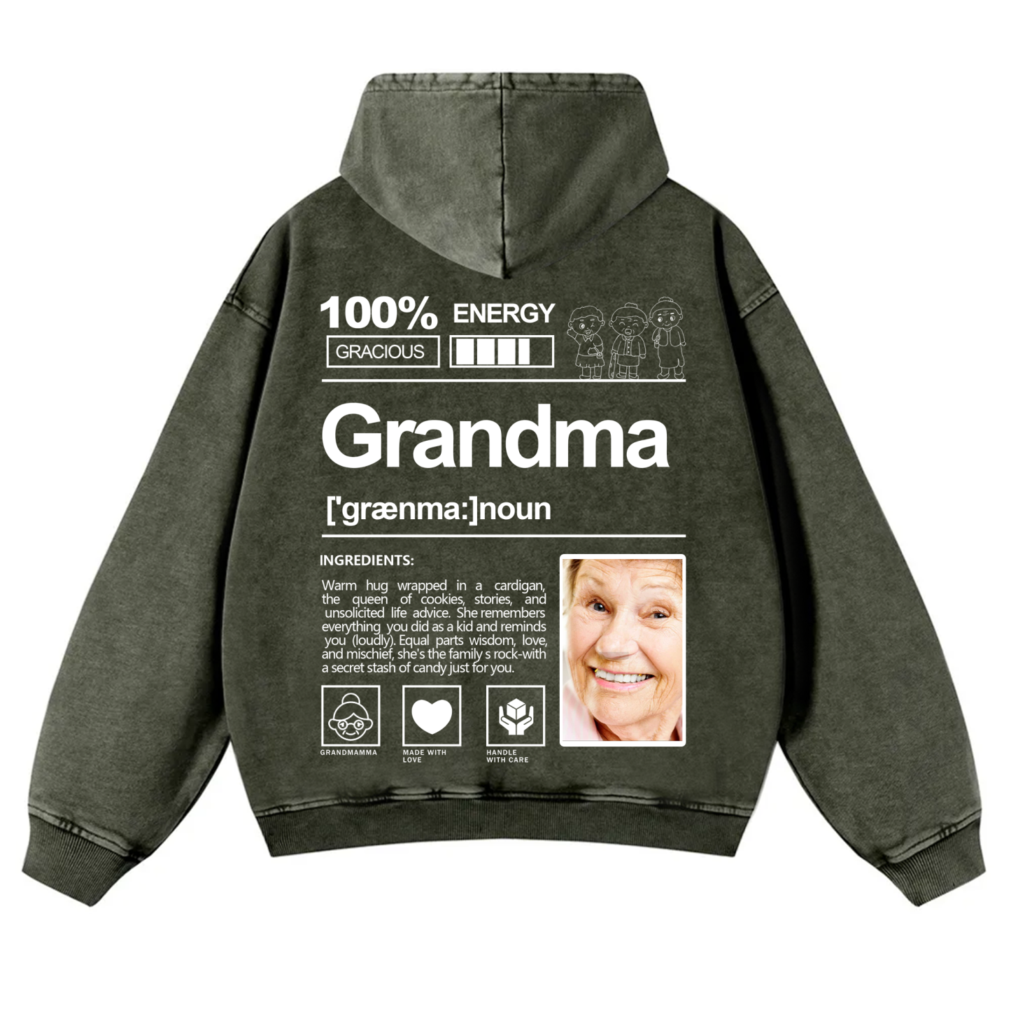 Addcustom Photo Grandma Vintage Washed Hoodie