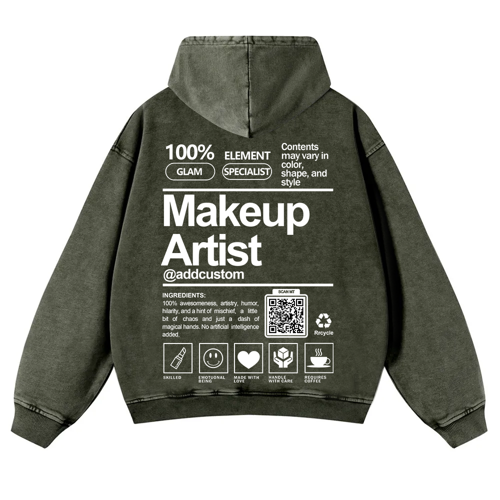 Wearishow Makeup Artist Addcustom QR Code Casual Washed Hoodie