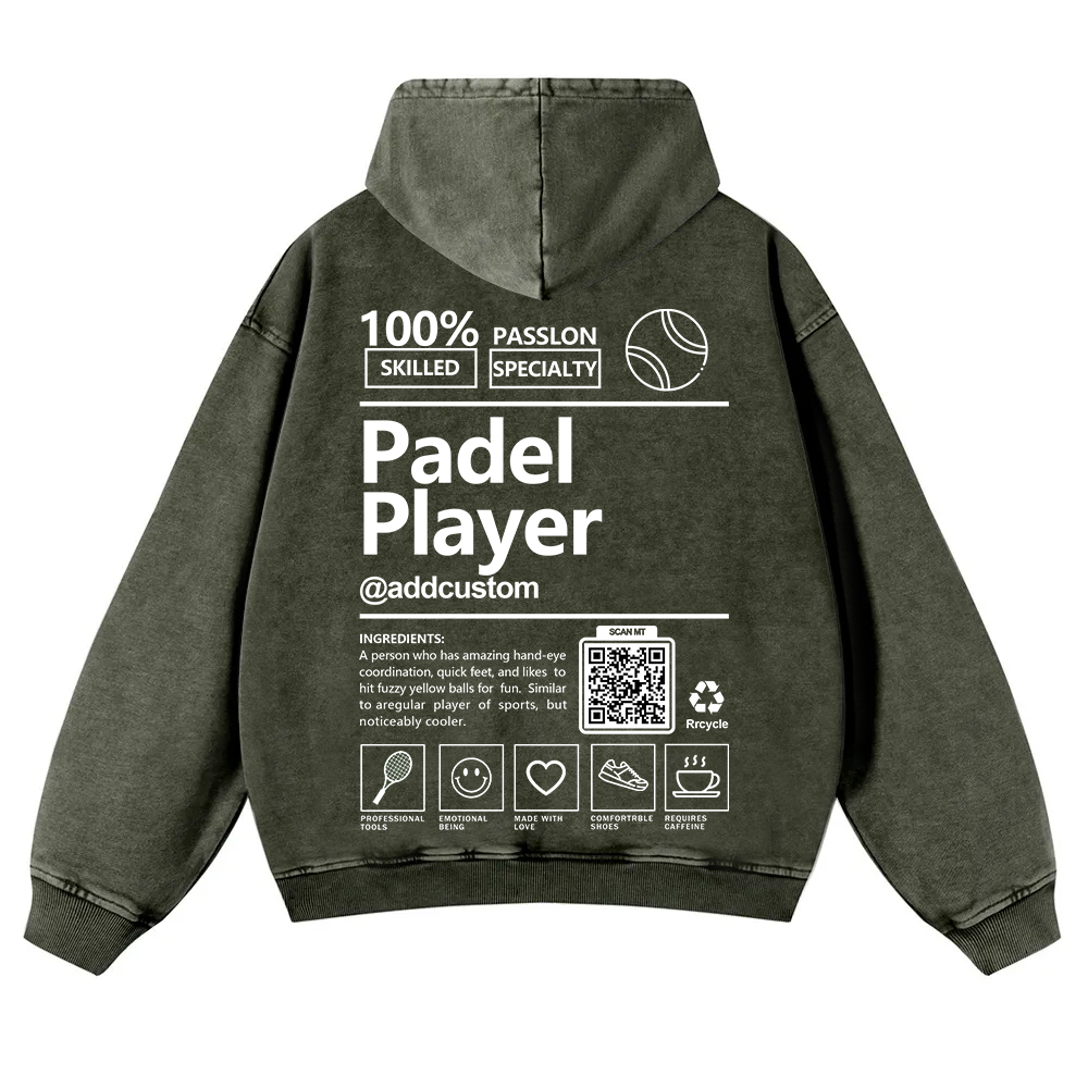 Padel player Addcustom QR Code Casual Washed Hoodie wearishow