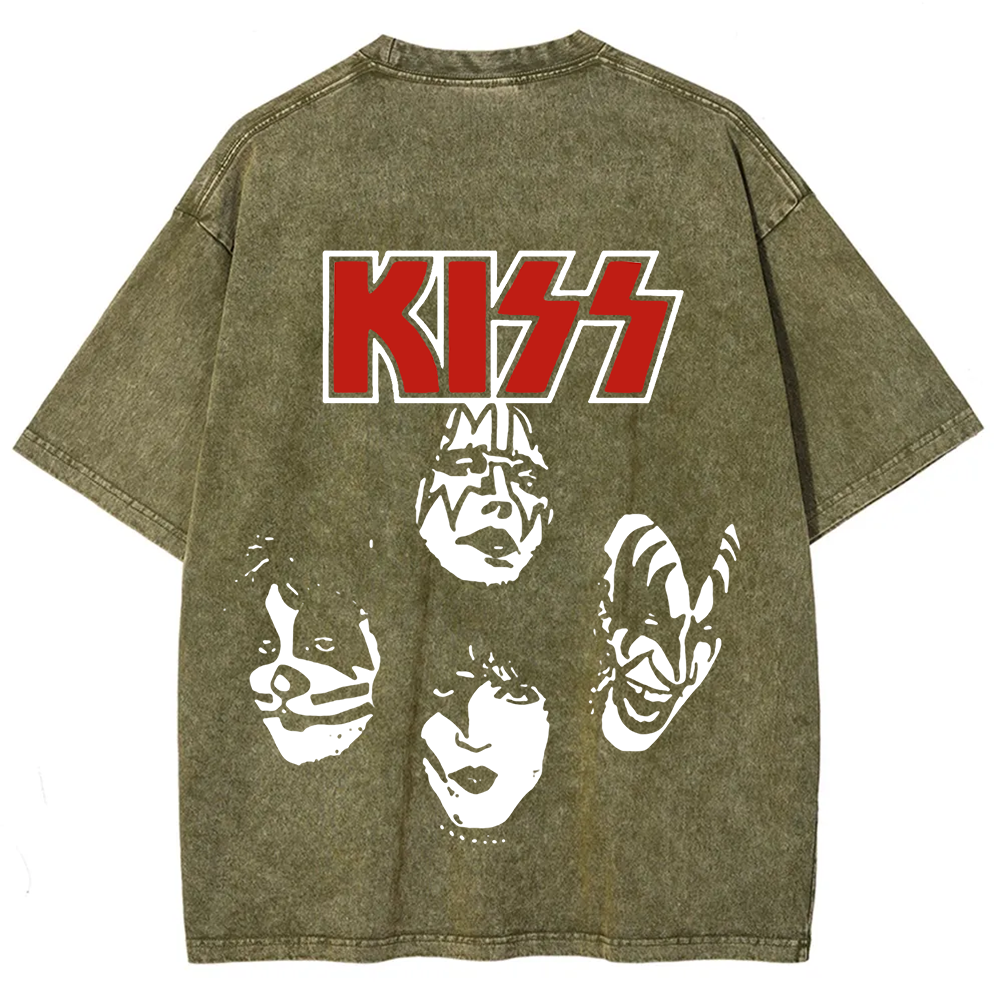Unisex washed Kiss Rock Heavy Metal Band T-shirt