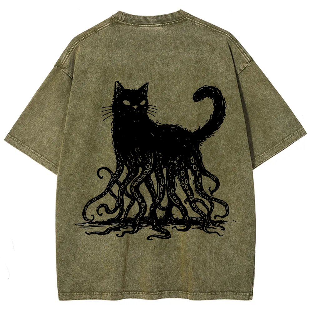 Unisex Vintage Washed Octopus And Black Cat Print T-Shirt