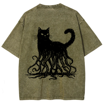 Unisex Vintage Washed Octopus And Black Cat Print T-Shirt