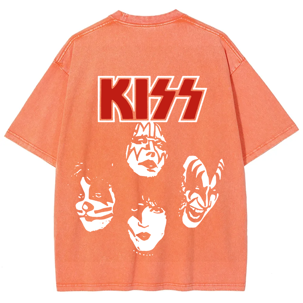 Unisex washed Kiss Rock Heavy Metal Band T-shirt