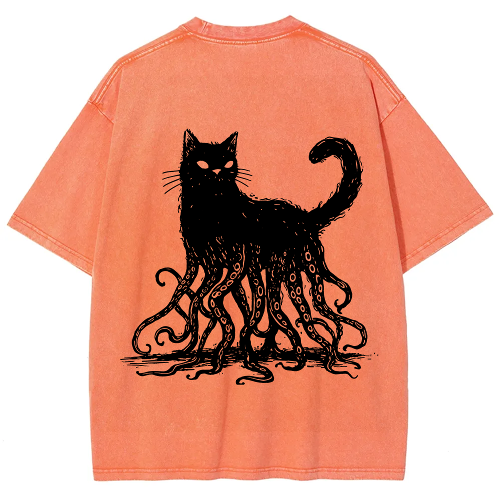 Unisex Vintage Washed Octopus And Black Cat Print T-Shirt