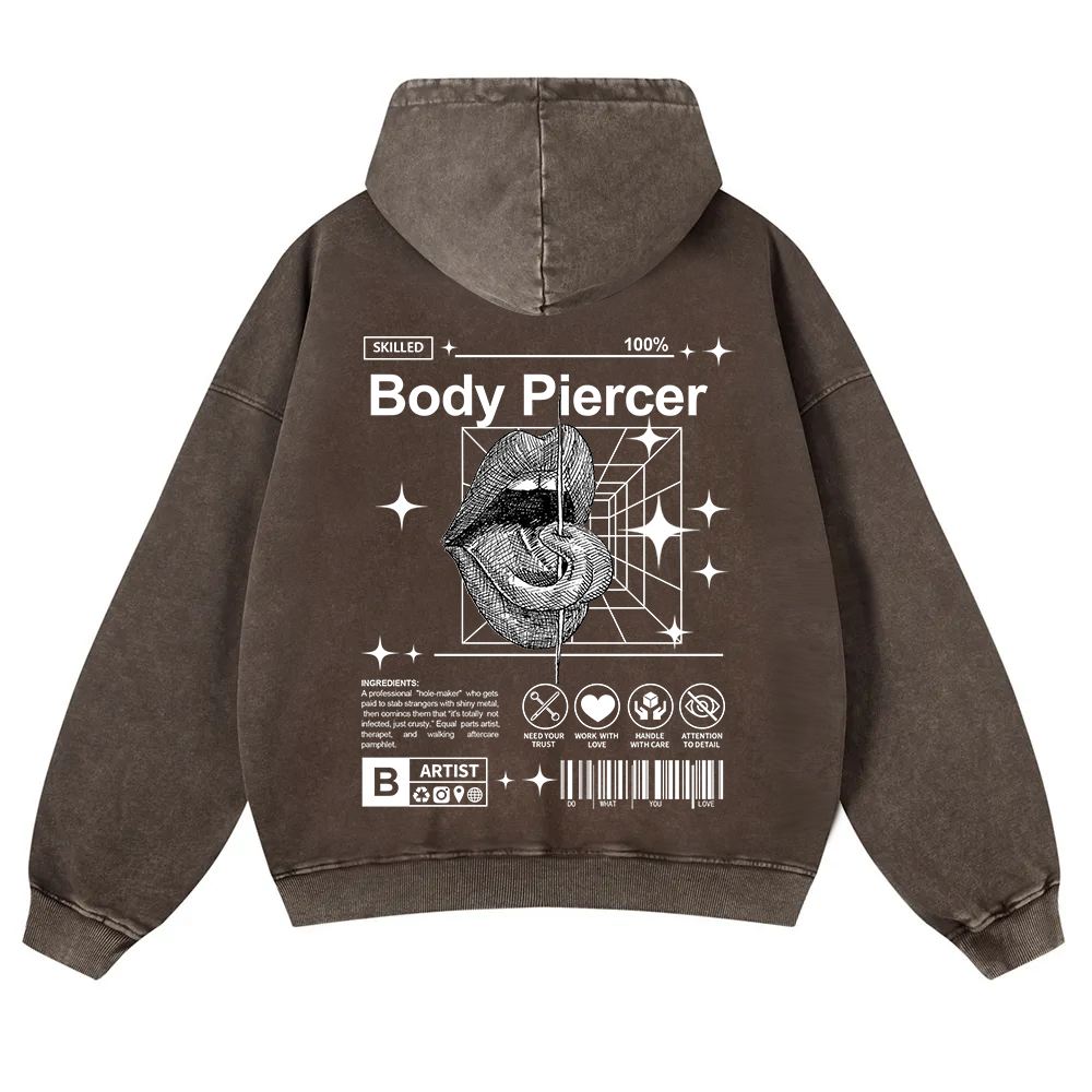 Body Piercer Casual Washed Hoodie wearishow