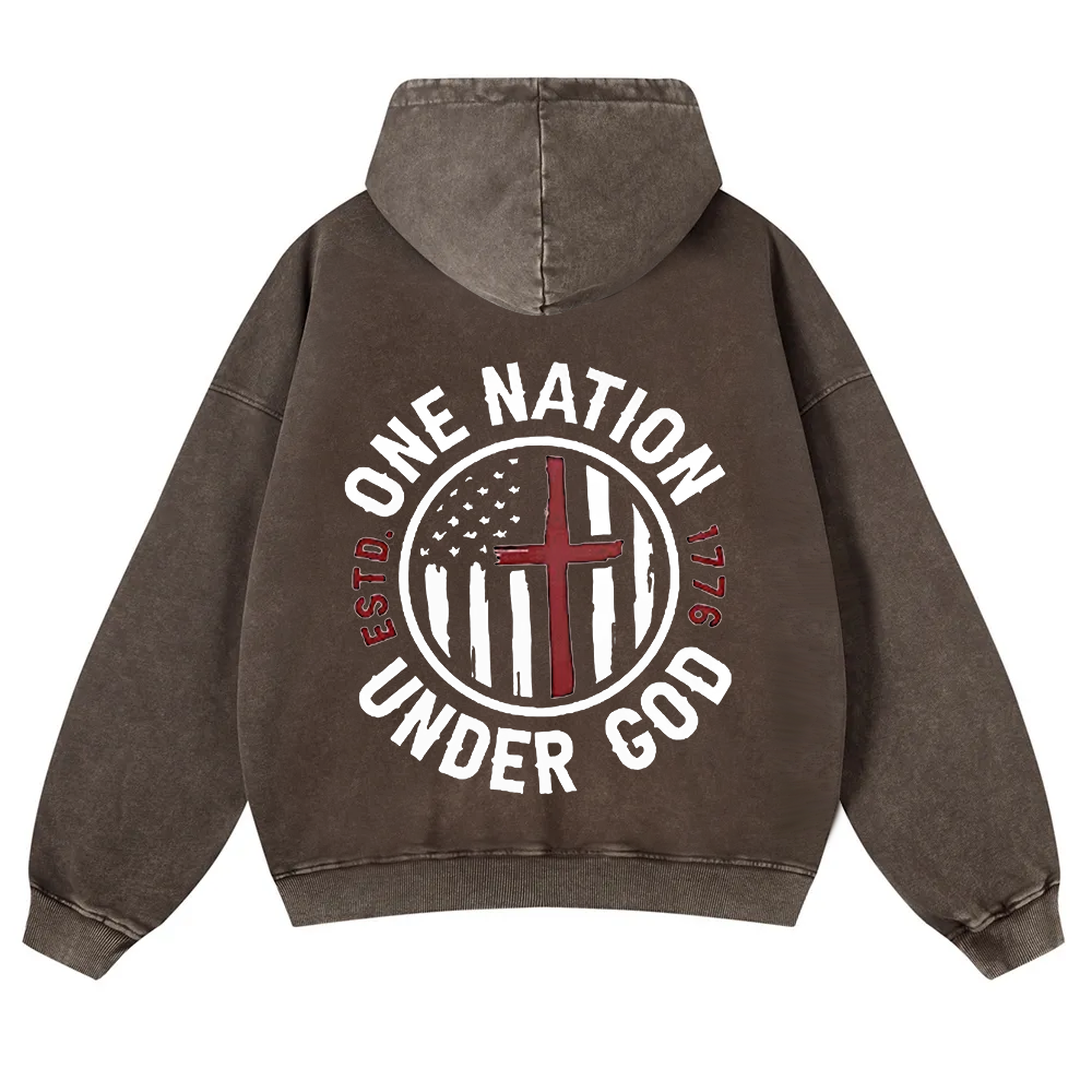 One Nation Under God ESTD 1776 Washed Hoodie wearishow