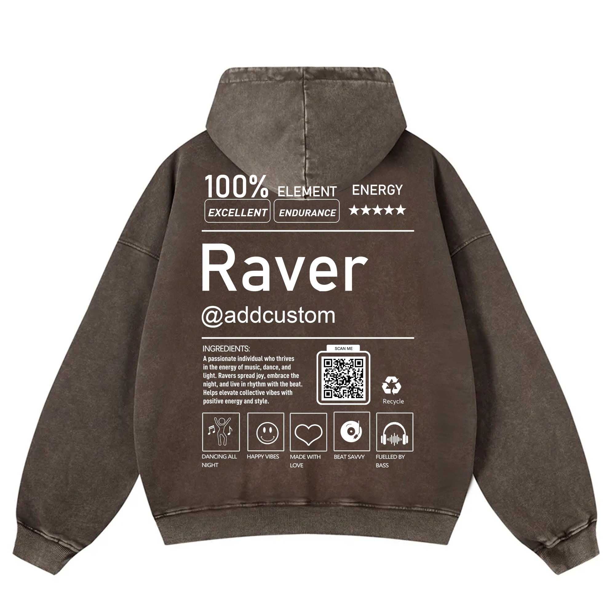 Addcustom QR Code Raver Casual Washed Hoodie wearishow