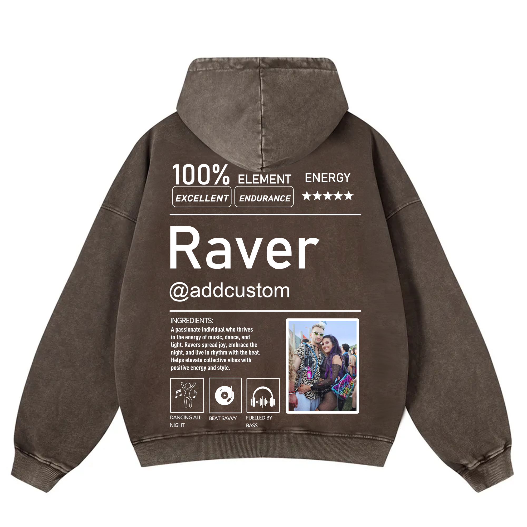 Addcustom  Photo Raver Casual Washed Hoodie wearishow