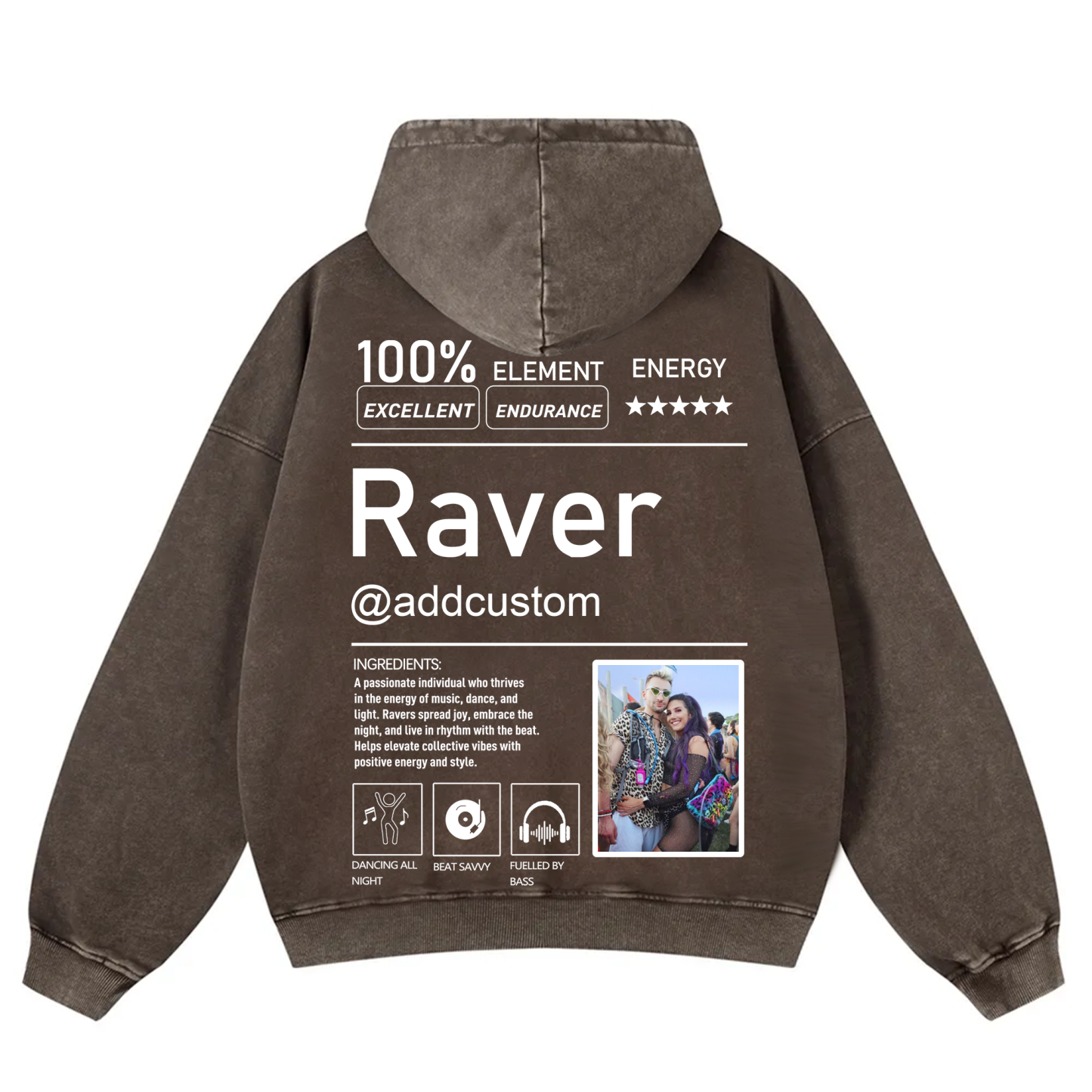 Addcustom  Photo Raver Casual Washed Hoodie wearishow