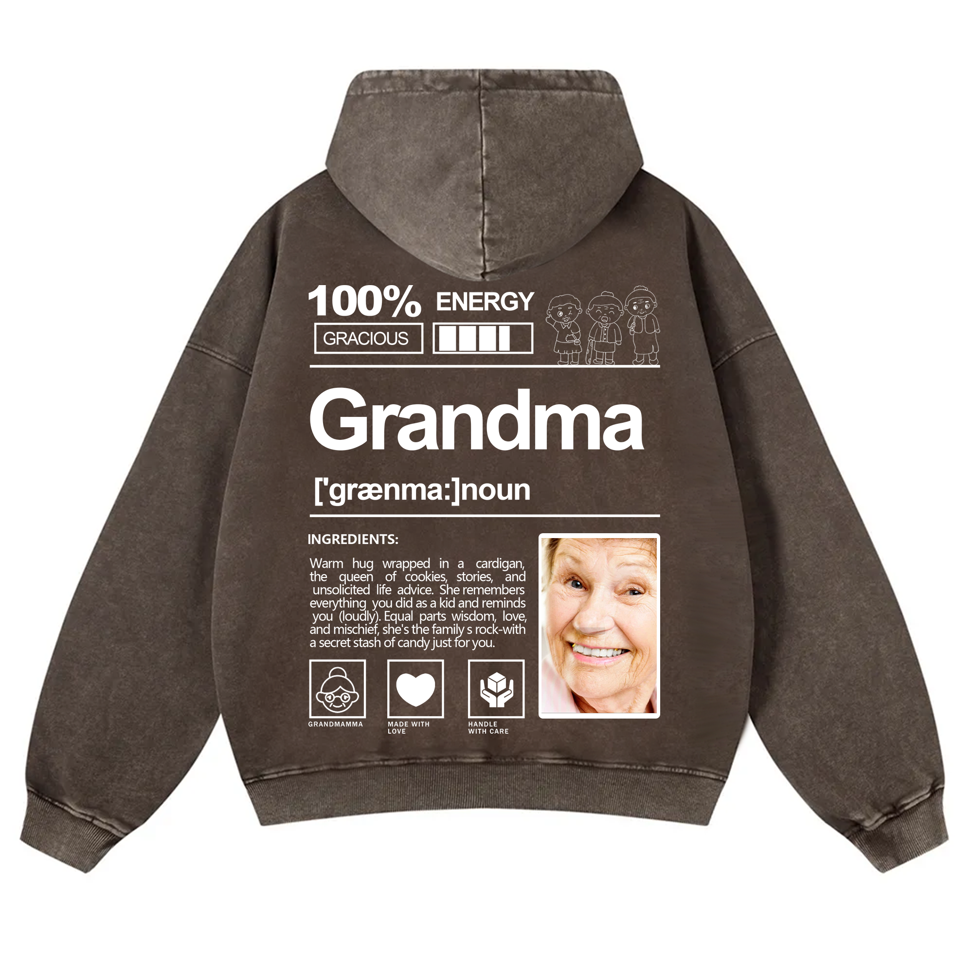 Addcustom Photo Grandma Vintage Washed Hoodie
