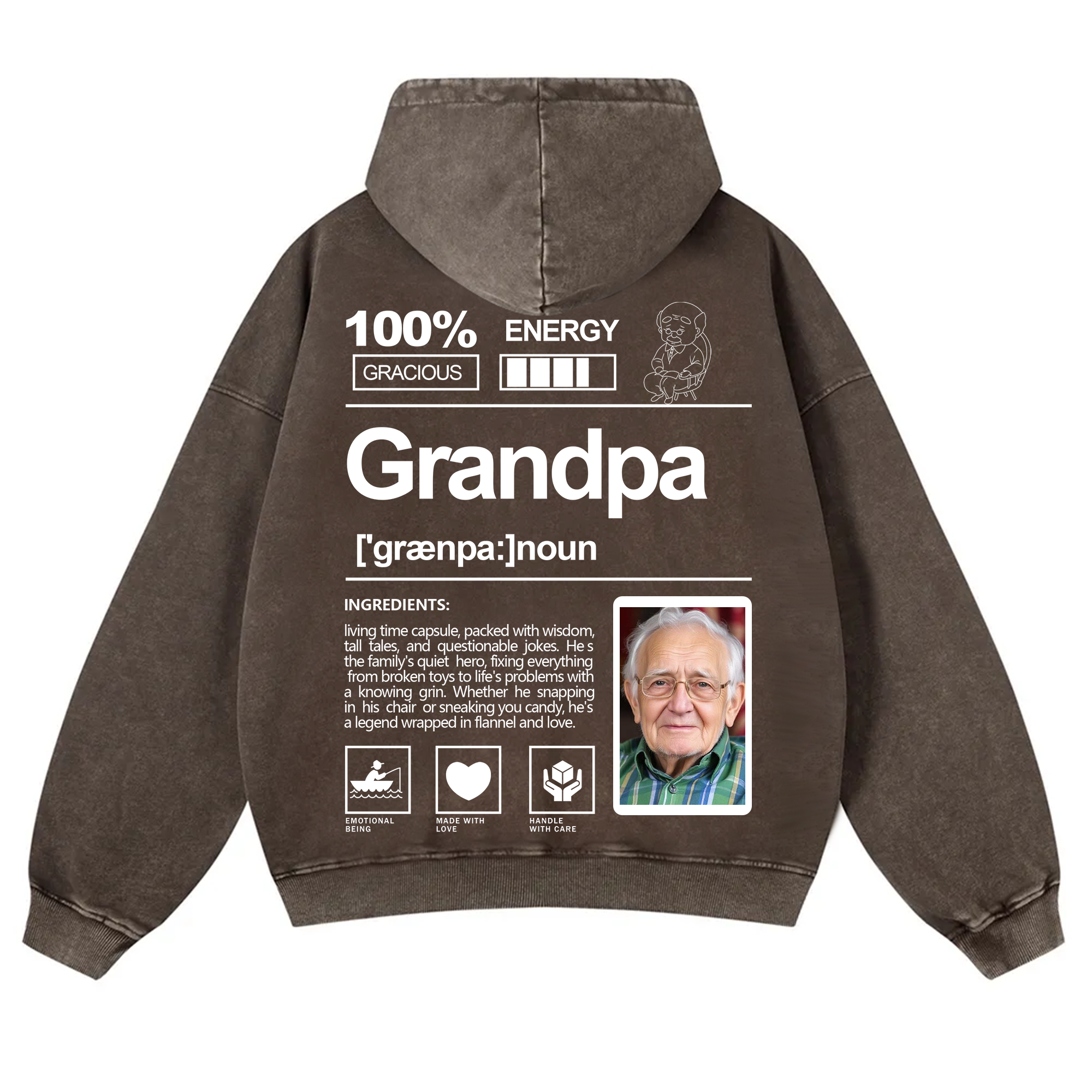 Addcustom Photo Grandpa Vintage Washed Hoodie