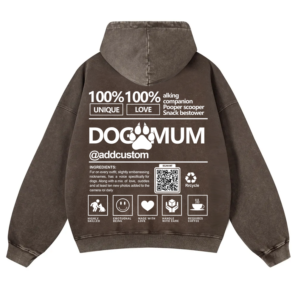 Dog Mum  Addcustom QR Code Name Casual Washed Hoodie