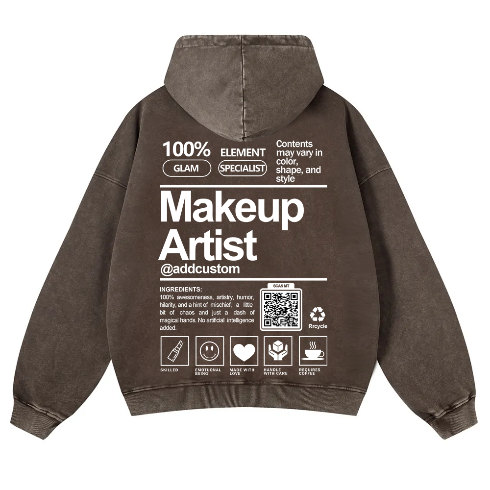 Wearishow Makeup Artist Addcustom QR Code Casual Washed Hoodie