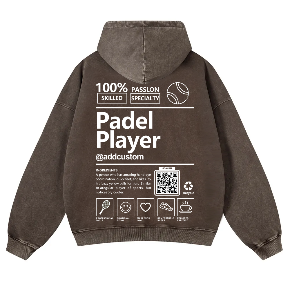 Padel player Addcustom QR Code Casual Washed Hoodie wearishow