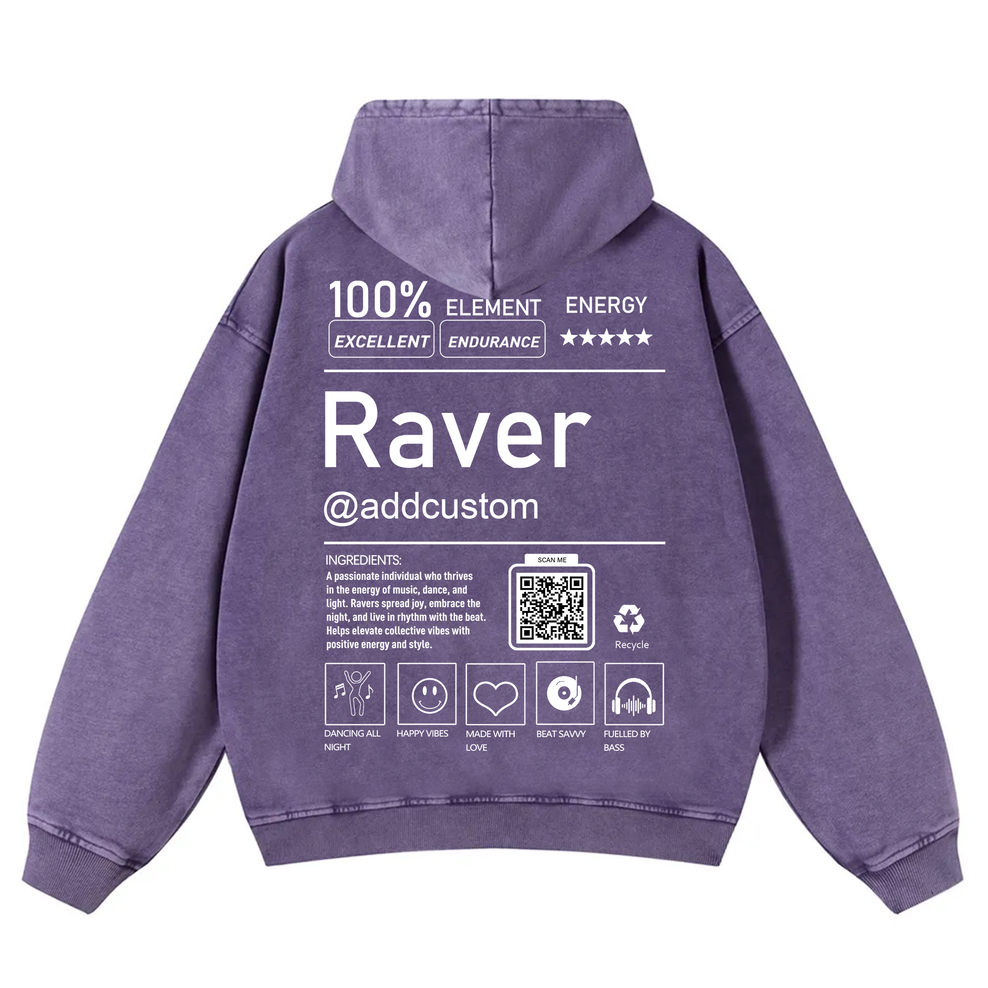 Addcustom QR Code Raver Casual Washed Hoodie wearishow