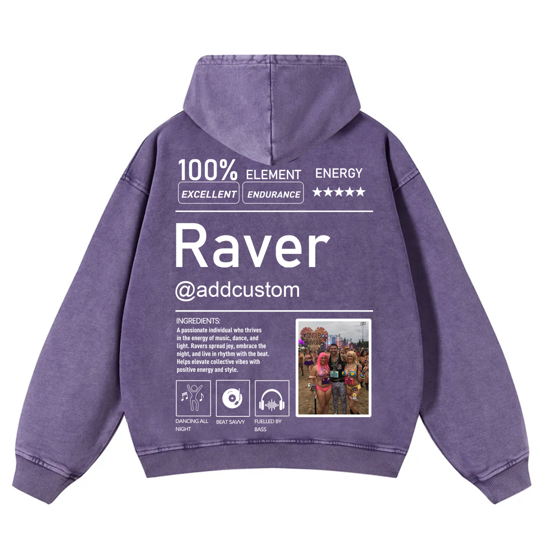 Addcustom  Photo Raver Casual Washed Hoodie wearishow