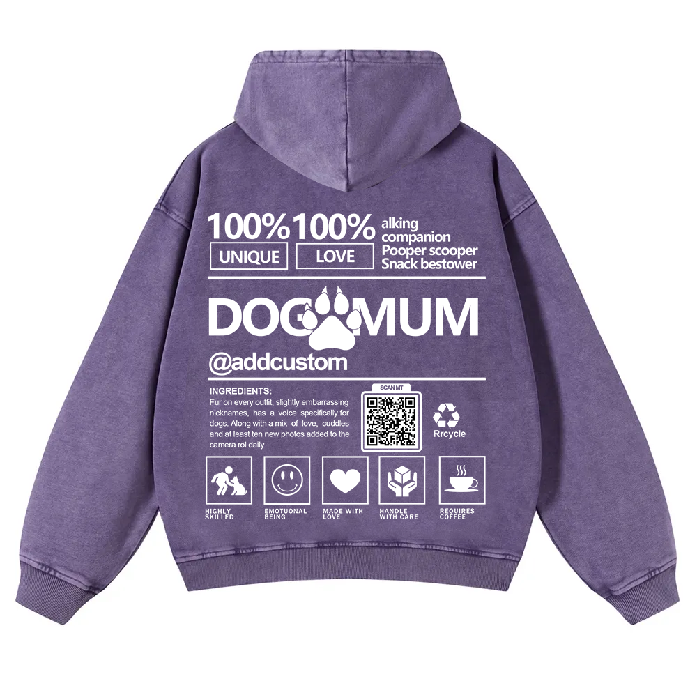 Dog Mum  Addcustom QR Code Name Casual Washed Hoodie