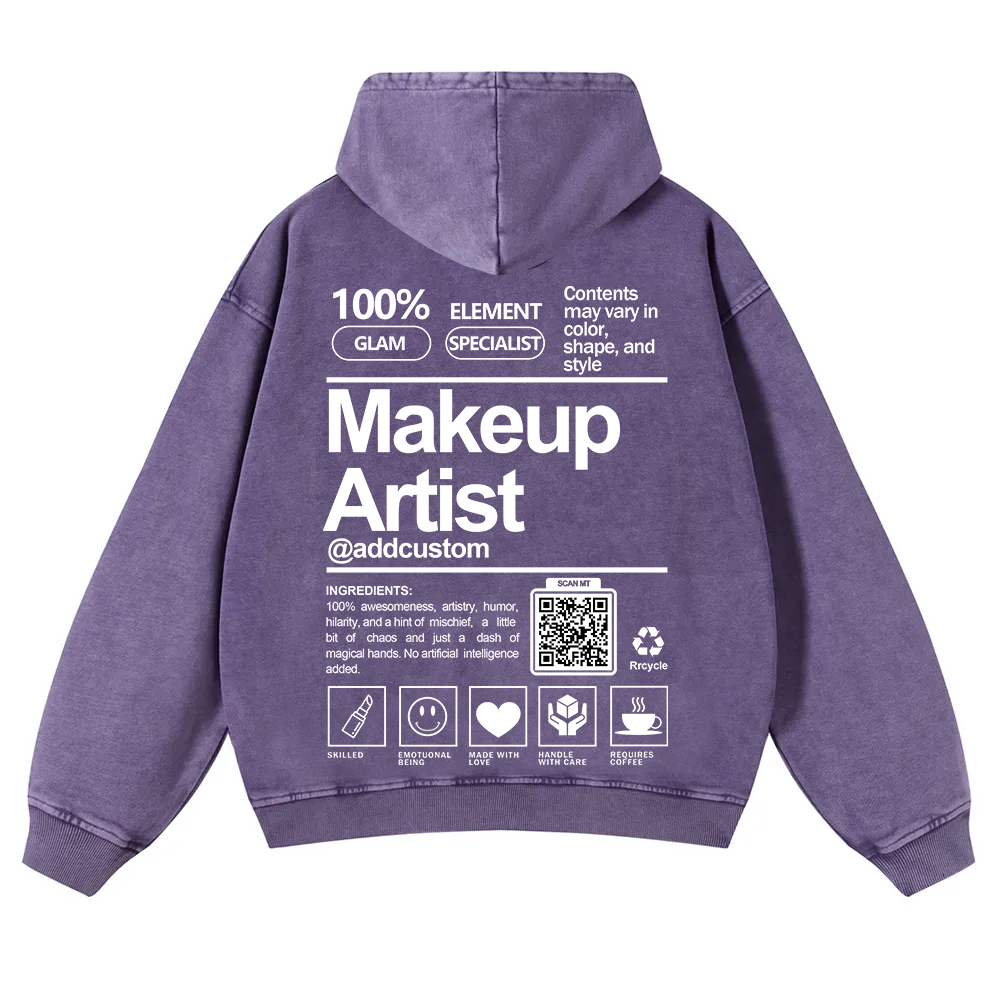 Wearishow Makeup Artist Addcustom QR Code Casual Washed Hoodie