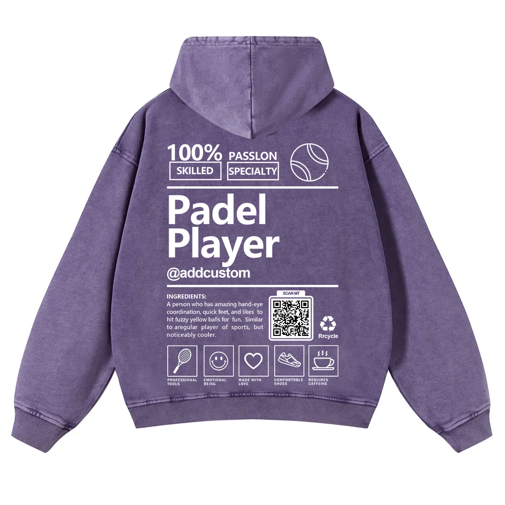 Padel player Addcustom QR Code Casual Washed Hoodie wearishow