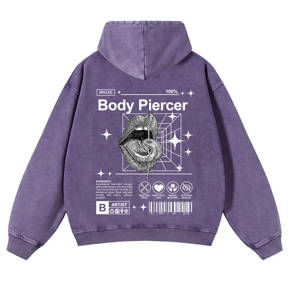 Body Piercer Casual Washed Hoodie wearishow